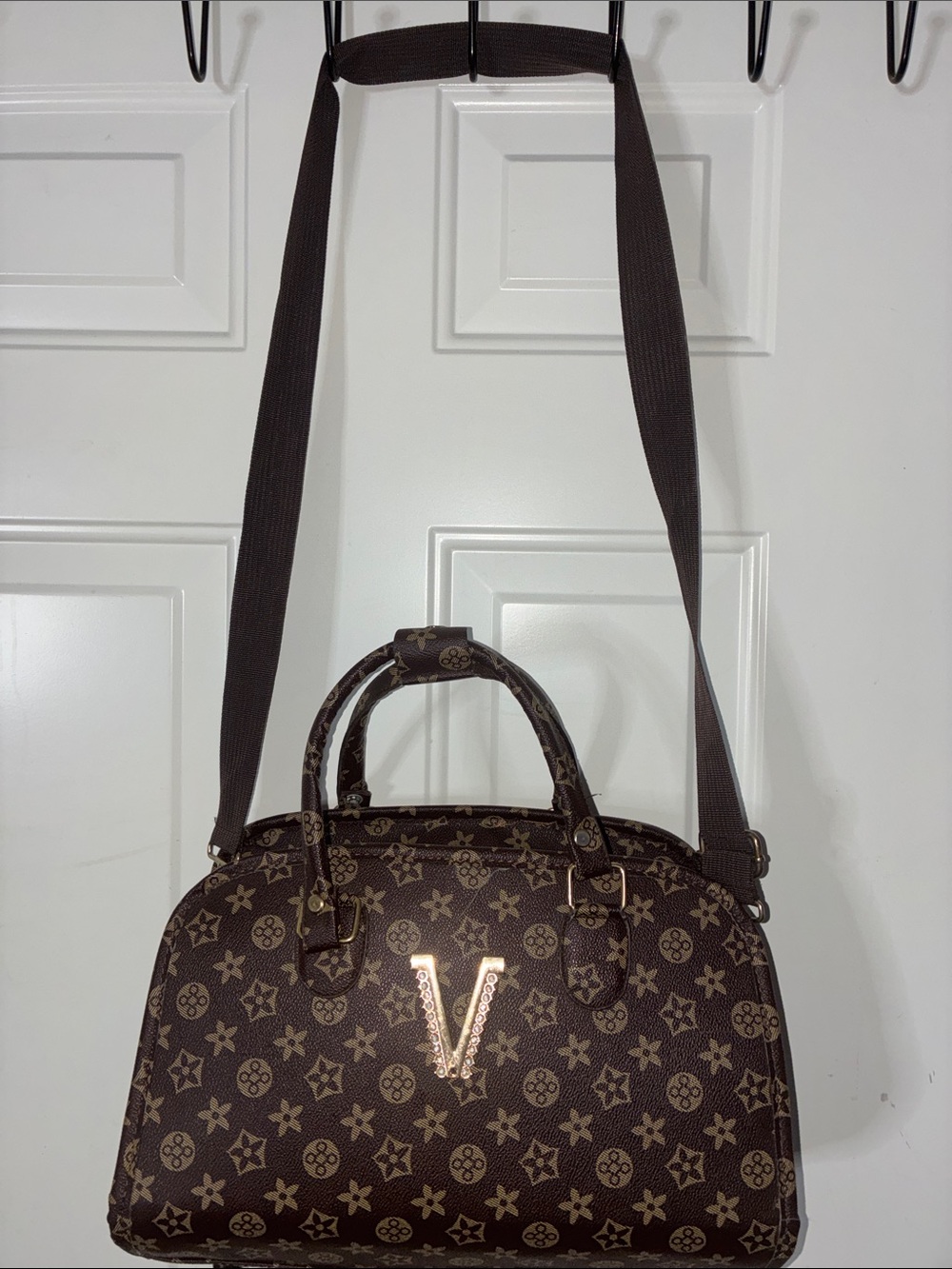 Brown Monogram Satchel Handbag with V Accent